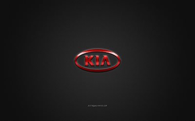 Kia logo, red logo, gray carbon fiber background, Kia metal emblem, Kia, cars brands, creative art