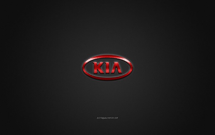 Kia logo, red logo, gray carbon fiber background, Kia metal emblem, Kia, cars brands, creative art