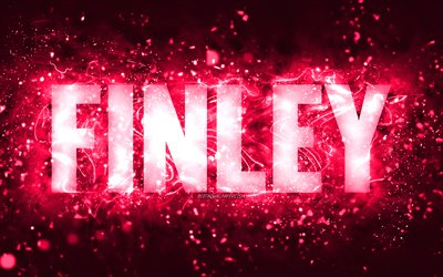 お誕生日おめでとうフィンリー, 4k, ピンクのネオンライト, フィンリーの名前, creative クリエイティブ, フィンリーお誕生日おめでとう, フィンリーの誕生日, 人気のアメリカ人女性の名前, フィンリーの名前の写真, フィンリー