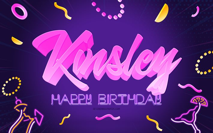 Grattis p&#229; f&#246;delsedagen Kinsley, 4k, Purple Party Background, Kinsley, kreativ konst, Grattis p&#229; Kinsley f&#246;delsedag, Kinsley namn, Kinsley Birthday, F&#246;delsedagsfest bakgrund