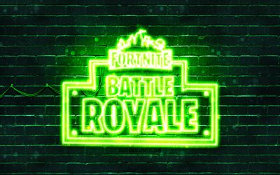 Fortnite Battle Royale green logo, 4k, green brickwall, Fortnite Battle Royale logo, online games, Fortnite Battle Royale neon logo, Fortnite Battle Royale