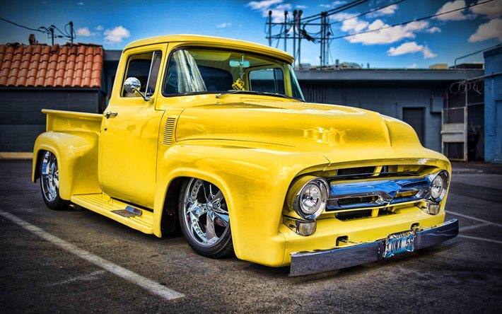 Ford F-100, amarelo pickup, 1956 carros, HDR, low rider, retro carros, personalizado F-100, tuning, 1956 Ford F-100, caminhonete, Ford F-Series, Ford F100, os carros americanos, Ford