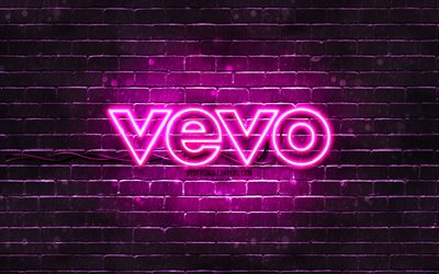 Logo violet Vevo, 4k, brickwall violet, logo Vevo, marques, logo n&#233;on Vevo, Vevo
