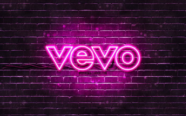 Logotipo Vevo roxo, 4k, parede de tijolos roxa, logotipo Vevo, marcas, logotipo Vevo neon, Vevo