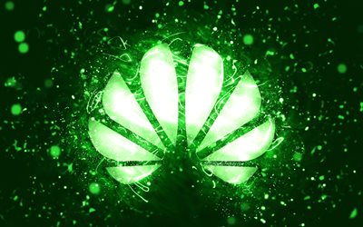 Huawei green logo, 4k, green neon lights, creative, green abstract background, Huawei logo, brands, Huawei