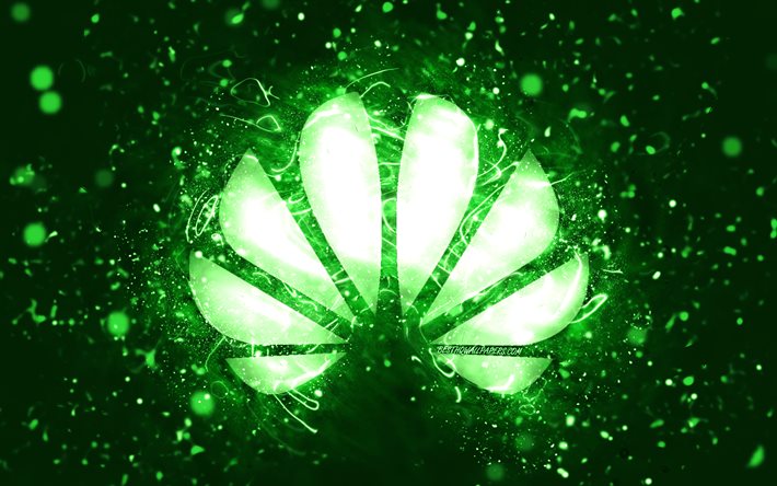Huawei green logo, 4k, green neon lights, creative, green abstract background, Huawei logo, brands, Huawei
