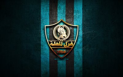 Ghazl El Mahalla FC, gyllene logotyp, Egyptian Premier League, bl&#229; metall bakgrund, fotboll, EPL, egyptisk fotbollsklubb, Ghazl El Mahalla logo, Ghazl El Mahalla SC