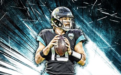 4k, Gardner Minshew, grunge art, Jacksonville Jaguars, american football, NFL, Gardner Flint Minshew II, quarterback, Gardner Minshew Jacksonville Jaguars, blue abstract rays, Gardner Minshew 4K