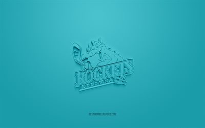 Kelowna Rockets, yaratıcı 3D logo, mavi arka plan, 3d amblem, Kanada hokey takımı kul&#252;b&#252;, WHL, Kelowna, Kanada, 3d sanat, hokey, Kelowna Rockets 3d logosu