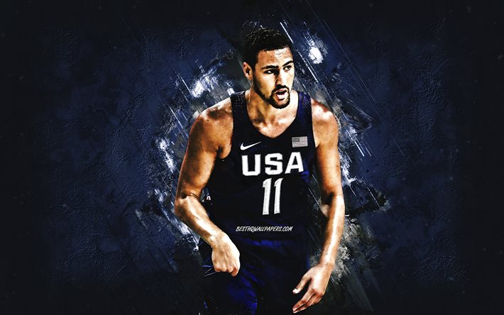 Klay Thompson, sele&#231;&#227;o nacional de basquete dos EUA, EUA, jogador de basquete americano, retrato, Sele&#231;&#227;o americana de basquete, fundo de pedra azul, basquete