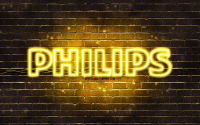 Logo giallo Philips, 4k, muro di mattoni giallo, logo Philips, marchi, logo Philips al neon, Philips