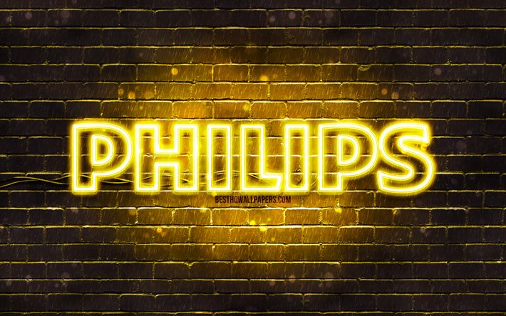 Logotipo amarelo da Philips, 4k, parede de tijolos amarela, logotipo da Philips, marcas, logotipo de n&#233;on da Philips, Philips