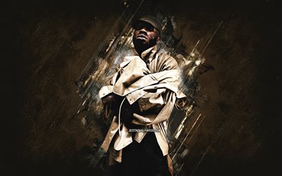 Kojey Radical, British rapper, Kwadwo Adu Genfi Amponsah, brown stone background, grunge art, Kojey Radical art