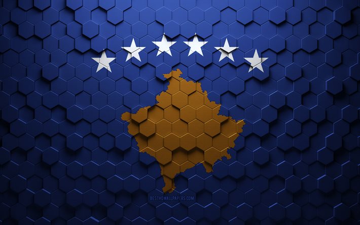 Bandiera del Kosovo, arte a nido d&#39;ape, bandiera di esagoni del Kosovo, Kosovo, arte di esagoni 3d, bandiera del Kosovo