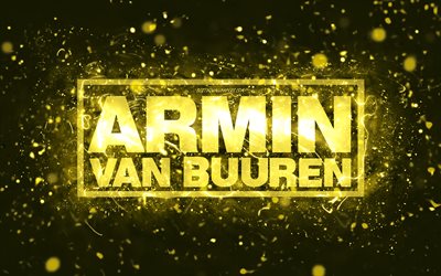 Armin van Buuren gul logotyp, 4k, holl&#228;ndska DJs, gula neonljus, kreativ, gul abstrakt bakgrund, Armin van Buuren-logotyp, musikstj&#228;rnor, Armin van Buuren