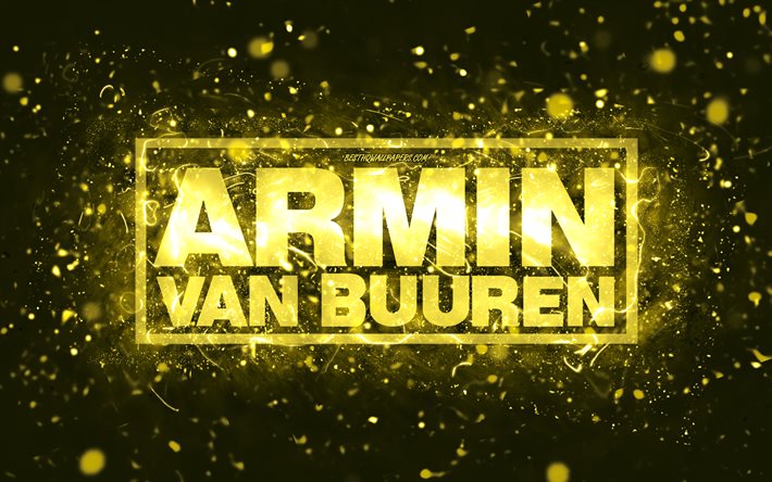 アーミン・ヴァン・ブーレンの黄色いロゴ, 4k, オランダのDJ, 黄色のネオンライト, creative クリエイティブ, 黄色の抽象的な背景, アーミン・ヴァン・ブーレンのロゴ, 音楽スター, アーミン・ヴァン・ブーレン