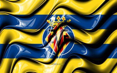 Bandeira do Villarreal, 4k, ondas 3D amarelas e azuis, LaLiga, clube de futebol espanhol, Villarreal FC, futebol, logotipo do Villarreal, La Liga, Villarreal CF