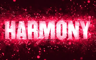 Happy Birthday Harmony, 4k, luzes de n&#233;on rosa, nome Harmony, criativo, Harmony Happy Birthday, Harmony Birthday, nomes femininos americanos populares, imagem com nome Harmony, Harmony