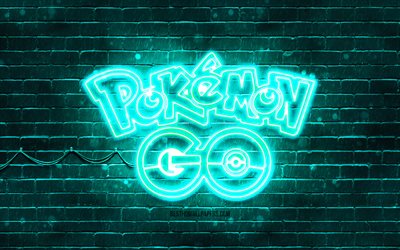 Pokemon Go turchese emblema, 4k, brickwall turchese, Pokemon Go emblema, marchi di giochi, emblema neon Pokemon Go, Pokemon Go