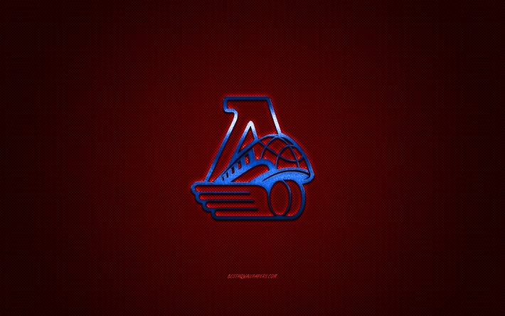 Lokomotiv Yaroslavl, club de hockey russe, Kontinental Hockey League, logo bleu, fond en fibre de carbone rouge, hockey sur glace, KHL, Yaroslavl, Russie, logo Lokomotiv Yaroslavl