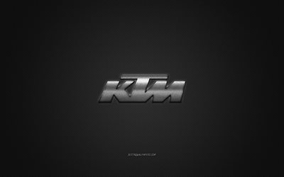 KTM logo, silver logo, gray carbon fiber background, KTM metal emblem, KTM, cars brands, creative art