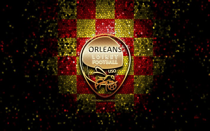 US Orleans, logo glitter, Ligue 2, sfondo a scacchi giallo rosso, calcio, squadra di calcio francese, logo Orleans, arte mosaico, Orleans FC