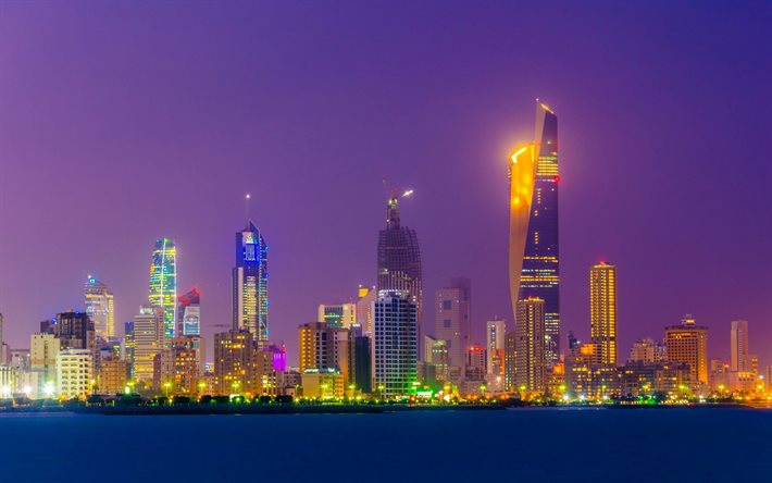 Kuwait City, notte, Al Hamra Tower, Kuwait Bay, grattacieli, paesaggio urbano di Kuwait City, skyline di Kuwait City, costa di Kuwait Bay, Kuwait