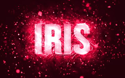 Buon compleanno Iris, 4k, luci al neon rosa, nome iris, creativo, Iris Buon compleanno, Iris Compleanno, nomi femminili americani popolari, immagine con nome Iris, Iris
