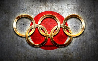 Japanese olympic team, golden olympic rings, Japan at the Olympics, creative, Japanese flag, metal background, Japan Olympic Team, flag of Japan