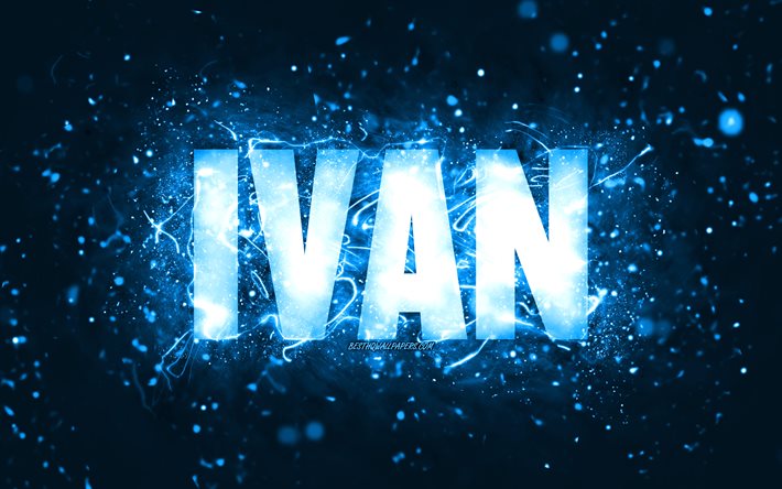 Happy Birthday Ivan, 4k, blue neon lights, Ivan name, creative, Ivan Happy Birthday, Ivan Birthday, popular american male names, picture with Ivan name, Ivan