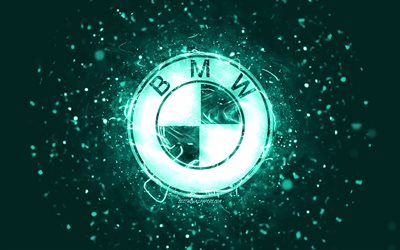BMW turquoise logo, 4k, turquoise neon lights, creative, turquoise abstract background, BMW logo, cars brands, BMW