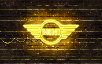 Mini yellow logo, 4k, yellow brickwall, Mini logo, cars brands, Mini neon logo, Mini