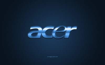 Logo Acer, sfondo blu carbonio, logo Acer in metallo, emblema blu Acer, Acer, struttura carbonio blu