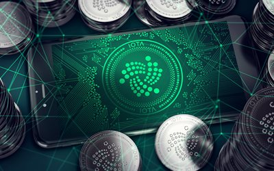 IOTA digital logo, 4k, cryptocurrency, 3D silver coins, smartphone, cryptocurrencies, creative, cryptocurrency signs, IOTA
