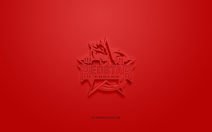 Kunlun Red Star, creative 3D logo, red background, KHL, 3d emblem, Chinese hockey club, Kontinental Hockey League, Beijing, China, 3d art, hockey, Kunlun Red Star 3d logo