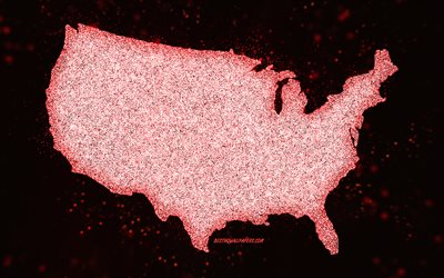 USA glitter kartta, musta tausta, USA kartta, punainen glitter taide, Kartta USA, luova taide, Usa punainen kartta, Yhdysvallat