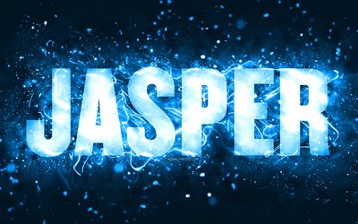 Joyeux anniversaire Jasper, 4k, n&#233;ons bleus, nom Jasper, cr&#233;atif, Jasper Happy Birthday, Jasper Birthday, noms masculins am&#233;ricains populaires, image avec le nom de Jasper, Jasper