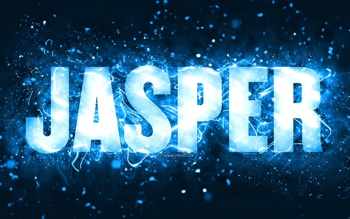 Feliz Anivers&#225;rio Jasper, 4k, luzes azuis de neon, nome Jasper, criativo, Jasper Feliz Anivers&#225;rio, Anivers&#225;rio jasper, nomes masculinos americanos populares, foto com o nome Jasper, Jasper