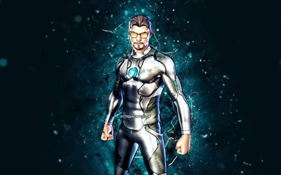 Silver Foil Tony Stark, 4k, blue neon lights, Fortnite Battle Royale, Fortnite characters, Silver Foil Tony Stark Skin, Fortnite, Silver Foil Tony Stark Fortnite