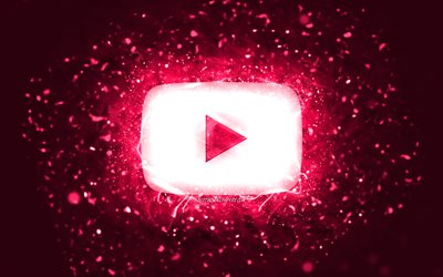 Youtube pembe logo, 4k, pembe neon ışıklar, sosyal ağ, yaratıcı, pembe soyut arka plan, Youtube logosu, Youtube