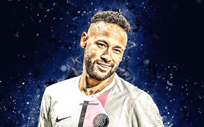 Neymar, 4k, close-up, blue neon lights, Paris Saint-Germain, soccer, Neymar Jr, Ligue 1, PSG, brazilian footballers, football, Neymar PSG, Neymar 4K