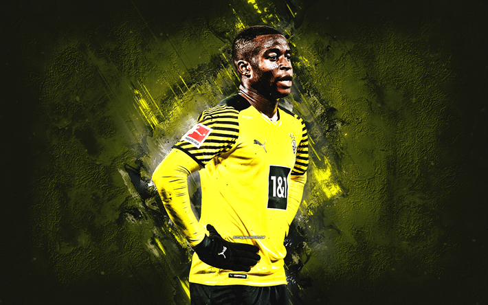 Youssoufa Moukoko, Borussia Dortmund, German football player, yellow stone background, football, Bundesliga, Germany