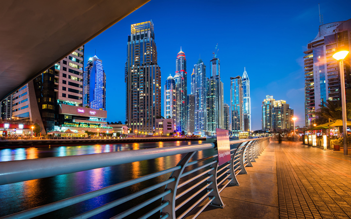 la marina de dubai, 4k, paisajes nocturnos, diques, edificios modernos, dubai, emiratos &#225;rabes unidos, dubai paisaje urbano