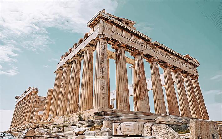 Parthenon, 4k, abstract cityscapes, vector art, greek landmarks, creative, greek tourist attractions, Parthenon drawing, Athenian Acropolis, Greece, Europe, Athens