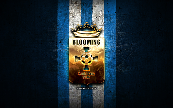 Blooming FC, golden logo, Bolivian Primera Division, blue metal background, football, Venezuelan football club, Club Blooming logo, soccer, Venezuelan Primera Division, Club Blooming