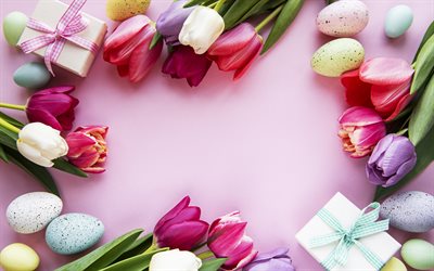 4k, pâques, cadre, cadre printemps, fond rose, les tulipes, les œufs de pâques, joyeuses pâques, printemps, cadeaux