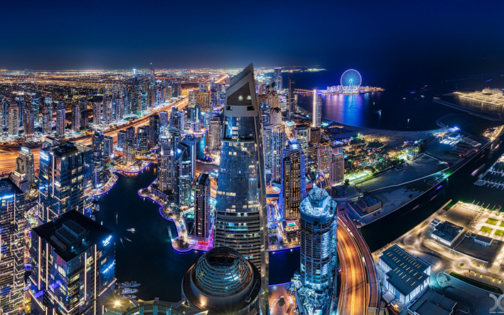 Dubai Marina, night, Dubai, skyscrapers, Dubai panorama, Dubai at night, Dubai cityscape, UAE