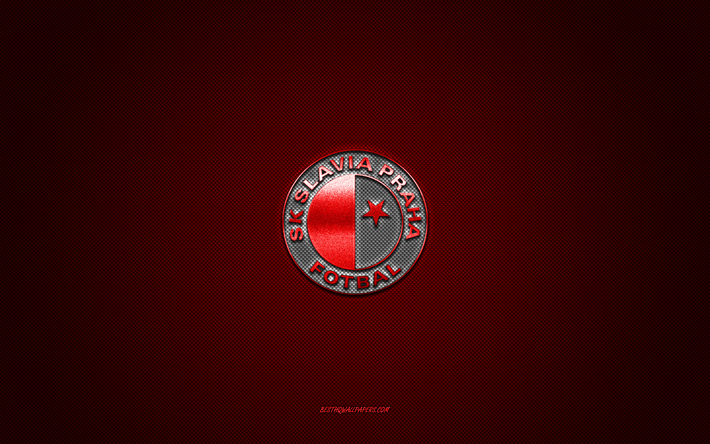 sk slavia prag, tschechischen fu&#223;ball-club, wei&#223;-logo, rote kohlenstoff-faser-hintergrund, der tschechischen ersten liga, fu&#223;ball, prag, tschechische republik sk slavia prag-logo