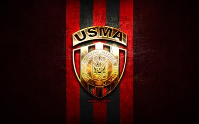 USM Alger, golden logo, Algerian Ligue Professionnelle 1, red metal background, football, Algerian football club, USM Alger logo, soccer, USMA