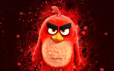 rojo de angry birds, 4k, rojo de las luces de ne&#243;n, los angry birds la pel&#237;cula, creativo, angry birds personajes de dibujos animados de aves, el protagonista, angry birds